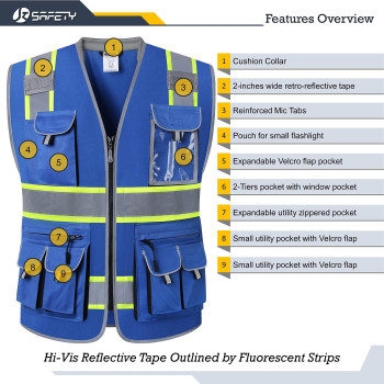 Jksafety 10 Pockets Hivis Zipper Front Fluorescent Blue Safety Vest Cushioned Collar High Reflective Tapes With Extended Ne