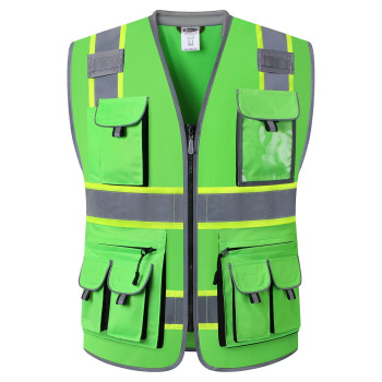 Jksafety 10 Pockets Hivis Zipper Front Fluorescent Green Safety Vest Cushioned Collar High Reflective Tapes With Extended N