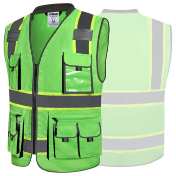 Jksafety 10 Pockets Hivis Zipper Front Fluorescent Green Safety Vest Cushioned Collar High Reflective Tapes With Extended N