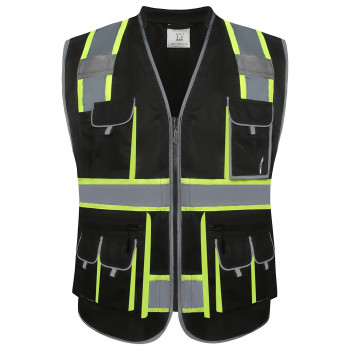 Jksafety 10 Pockets Hivis Zipper Front Black Safety Vest Cushioned Collar High Reflective Tapes With Extended Neon Yellow S