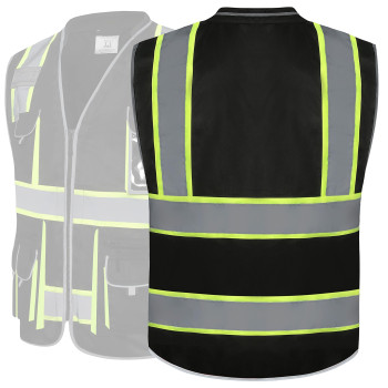 Jksafety 10 Pockets Hivis Zipper Front Black Safety Vest Cushioned Collar High Reflective Tapes With Extended Neon Yellow S