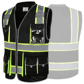 Jksafety 10 Pockets Hivis Zipper Front Black Safety Vest Cushioned Collar High Reflective Tapes With Extended Neon Yellow S