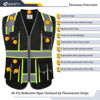 Jksafety 10 Pockets Hivis Zipper Front Black Safety Vest Cushioned Collar High Reflective Tapes With Extended Neon Yellow S