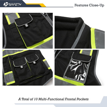 Jksafety 10 Pockets Hivis Zipper Front Black Safety Vest Cushioned Collar High Reflective Tapes With Extended Neon Yellow S