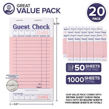 Stock Your Home Pink Guest Check Books For Servers 20 Pack Server Note Pads Waiter Checkbook Food Receipt Book Restaurant O