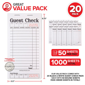 Stock Your Home Blackwhite Guest Check Books For Servers 20 Pack Server Note Pads Waiter Checkbook Food Receipt Book Resta