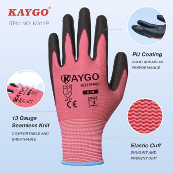 Kaygo Safety Work Gloves Pu Coated12 Pairs Kg11P Seamless Knit Glove With Polyurethane Coated Smooth Grip On Palm Fingers F