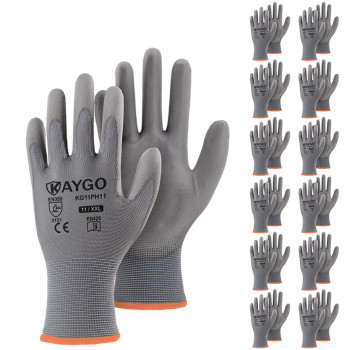 Kaygo Safety Work Gloves Pu Coated12 Pairs Kg11Pb Seamless Knit Glove With Polyurethane Coated Smooth Grip On Palm Fingers