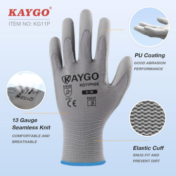 Kaygo Safety Work Gloves Pu Coated12 Pairs Kg11Pb Seamless Knit Glove With Polyurethane Coated Smooth Grip On Palm Fingers