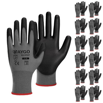 Kaygo Safety Work Gloves Pu Coated12 Pairs Kg11Pb Seamless Knit Glove With Polyurethane Coated Smooth Grip On Palm Fingers