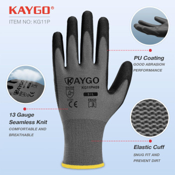 Kaygo Safety Work Gloves Pu Coated12 Pairs Kg11Pb Seamless Knit Glove With Polyurethane Coated Smooth Grip On Palm Fingers