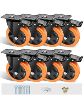 Ashgoob 5 Caster Wheels Set Of 8 Heavy Duty Casters With Brake No Noise Locking Casters With Orange Polyurethane Pu Wheels