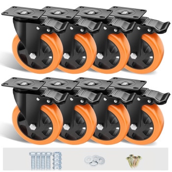 Ashgoob 5 Caster Wheels Set Of 8 Heavy Duty Casters With Brake No Noise Locking Casters With Orange Polyurethane Pu Wheels