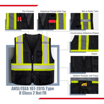 Kaygo High Visibility Black Safety Vests Kg0100 Reflective Vest With Pockets And Zipper Black Xl