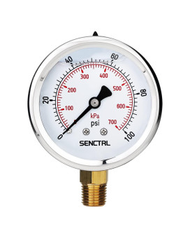 Senctrl 0100 Psi Glycerin Liquid Filled Low Pressure Gauge 25 Dial Size 14 Npt Lower Mount Stainless Steel Case For W