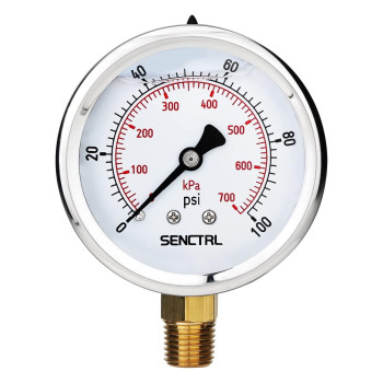 Senctrl 0100 Psi Glycerin Liquid Filled Low Pressure Gauge 25 Dial Size 14 Npt Lower Mount Stainless Steel Case For W