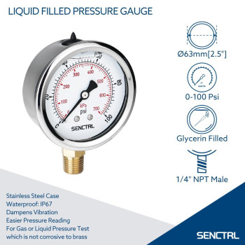 Senctrl 0100 Psi Glycerin Liquid Filled Low Pressure Gauge 25 Dial Size 14 Npt Lower Mount Stainless Steel Case For W