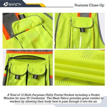 Jksafety 10 Pockets Hivis Neon Color Frontal Zipper Mesh Safety Vest For Men Women Safety Utility For Works Comply To Ansiisea