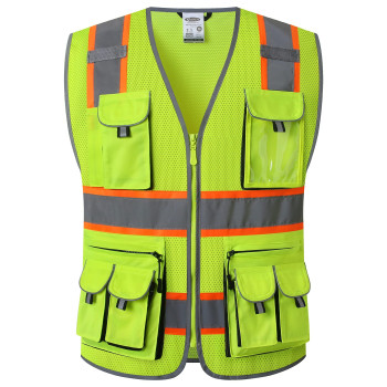 Jksafety 10 Pockets Hivis Neon Color Frontal Zipper Mesh Safety Vest For Men Women Safety Utility For Works Comply To Ansiisea