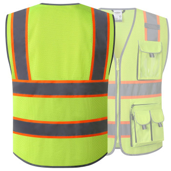 Jksafety 10 Pockets Hivis Neon Color Frontal Zipper Mesh Safety Vest For Men Women Safety Utility For Works Comply To Ansiisea