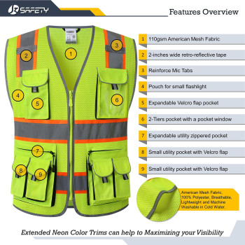 Jksafety 10 Pockets Hivis Neon Color Frontal Zipper Mesh Safety Vest For Men Women Safety Utility For Works Comply To Ansiisea