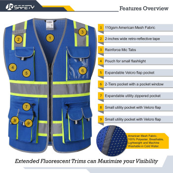 Jksafety 10 Pockets Hivis Neon Color Frontal Zipper Mesh Safety Vest For Men Women Safety Utility For Works Comply To Ansiisea