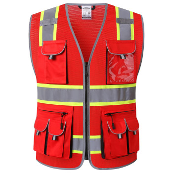 Jksafety 10 Pockets Hivis Neon Color Frontal Zipper Mesh Safety Vest For Men Women Safety Utility For Works Comply To Ansiisea