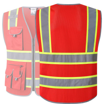 Jksafety 10 Pockets Hivis Neon Color Frontal Zipper Mesh Safety Vest For Men Women Safety Utility For Works Comply To Ansiisea