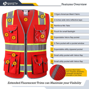 Jksafety 10 Pockets Hivis Neon Color Frontal Zipper Mesh Safety Vest For Men Women Safety Utility For Works Comply To Ansiisea