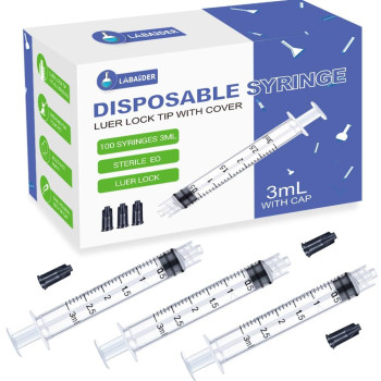 100 Pack 3Ml Syringes Luer Lock Syringe Without Needle Individually Sterile Wrapped With Cap