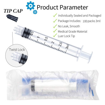 100 Pack 3Ml Syringes Luer Lock Syringe Without Needle Individually Sterile Wrapped With Cap