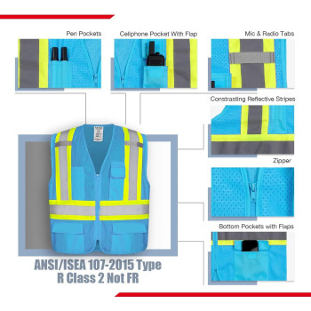 Kaygo High Visibility Safety Vests Kg0100 Reflective Vest With Pockets And Zipper Light Blue Large