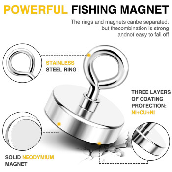 Diymag Neodymium Fishing Magnets 150Lbs 68Kg Pulling Force Rare Earth Magnet With Countersunk Hole Eyebolt Diameter 142Inch