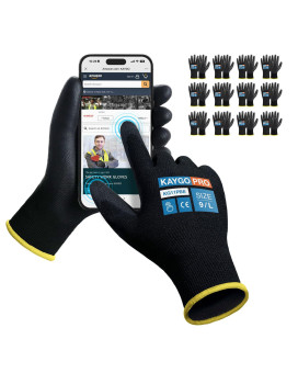 Kaygo Safety Work Gloves Pu Coated For Men And Women Kg11Pb 12 Pairs Seamless Knit Glove With Two Fingers Touchscreen Ideal For