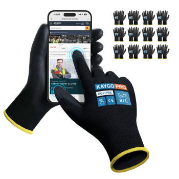 Kaygo Safety Work Gloves Pu Coated For Men And Women Kg11Pb 12 Pairs Seamless Knit Glove With Two Fingers Touchscreen Ideal For