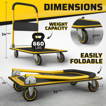 Upgraded Foldable Push Cart Dolly 660 Lbs Capacity Moving Platform Hand Truck Heavy Duty Space Saving Collapsible Swivel