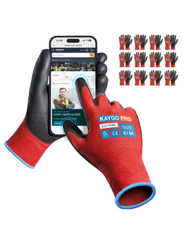 Kaygo Safety Work Gloves Pu Coated For Men And Women Kg11P 12 Pairs Seamless Knit Glove With Two Fingers Touchscreen Ideal For