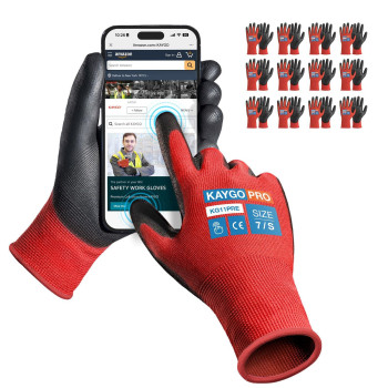 Kaygo Safety Work Gloves Pu Coated For Men And Women Kg11P 12 Pairs Seamless Knit Glove With Two Fingers Touchscreen Ideal For