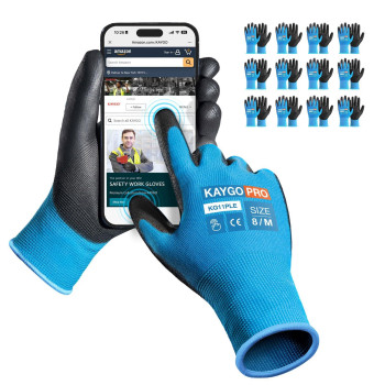 Kaygo Safety Work Gloves Pu Coated For Men And Women Kg11P 12 Pairs Seamless Knit Glove With Two Fingers Touchscreen Ideal For