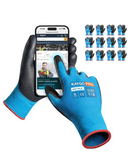 Kaygo Safety Work Gloves Pu Coated For Men And Women Kg11P 12 Pairs Seamless Knit Glove With Two Fingers Touchscreen Ideal For