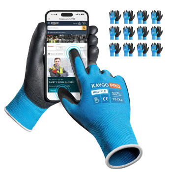 Kaygo Safety Work Gloves Pu Coated For Men And Women Kg11Pb 12 Pairs Seamless Knit Glove With Two Fingers Touchscreen Ideal For