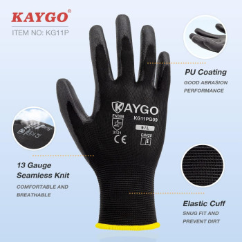 Kaygo Safety Work Gloves Pu Coated60 Pairs Kg11P Seamless Knit Glove With Polyurethane Coated Smooth Grip On Palm Fingers F