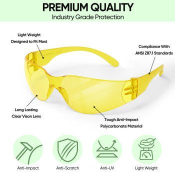 Ticonn 24 Clear Safety Glasses For Men Safety Goggles With Scratch Impact Resistant Meets Ansi Z871 Standard Yellow 24 Pack