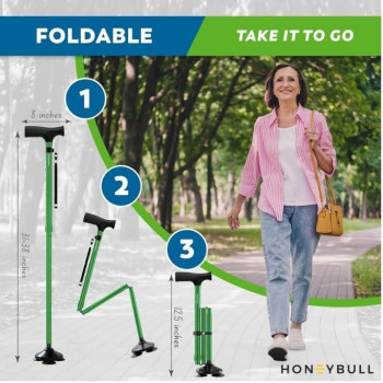 Honeybull Walking Cane For Men Women Foldable Adjustable Collapsible Free Standing Cane Pivot Tip Heavy Duty Walking