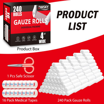 240 Pack Gauze Rolls Bandages 4 In X 41 Yards Individually Wrapped Breathable Rolled Gauze Premium First Aid Supplies Medi