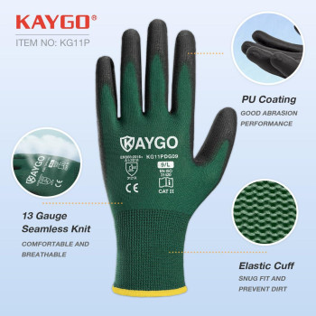 Kaygo Safety Work Gloves Pu Coated12 Pairs Kg11Pb Seamless Knit Glove With Polyurethane Coated Smooth Grip On Palmfingers F