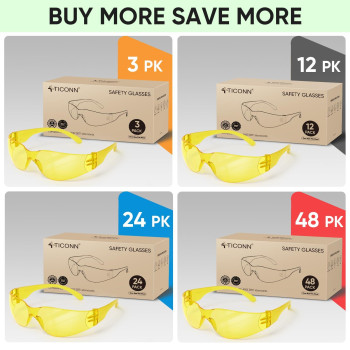 Ticonn Clear Safety Glasses For Men Safety Goggles With Scratch Impact Resistant Meets Ansi Z871 Standard Yellow 120 Pack