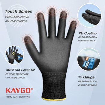 Kaygo Cut Resistant Gloves Pu Coated 12 Pairs Safety Work Gloves With Full Fingers Touchscreen Ansi Cut Level A2 For Men And