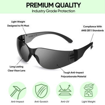 Ticonn 24 Safety Glasses For Men Safety Goggles With Scratch Impact Resistant Meets Ansi Z871 Standard Charcoal 24 Pack