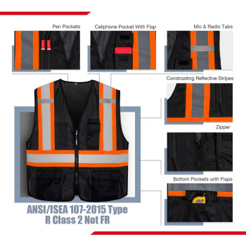 Kaygo High Visibility Safety Vests Kg0100 Reflective Vest With Pockets And Zipperblack New Model 2Xl